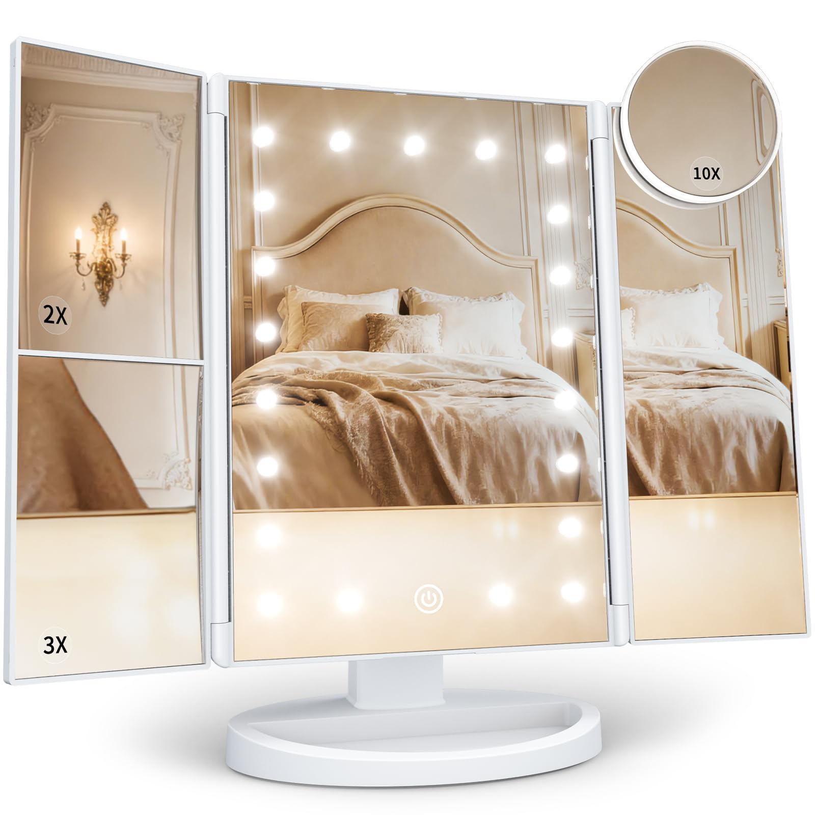HUONUL Makeup Mirror with Lights – 2X/3X/10X Magnification, Touch Control, Trifold Vanity