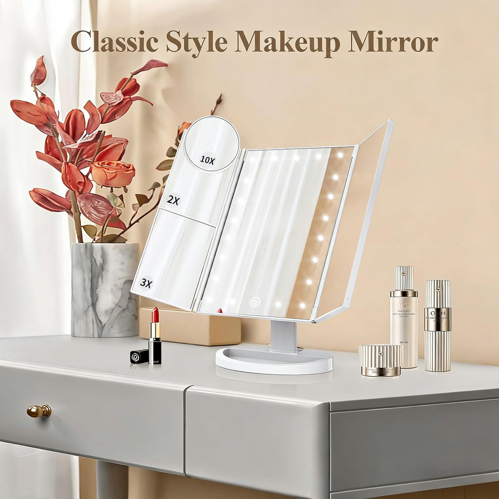 HUONUL Makeup Mirror with Lights – 2X/3X/10X Magnification, Touch Control, Trifold Vanity