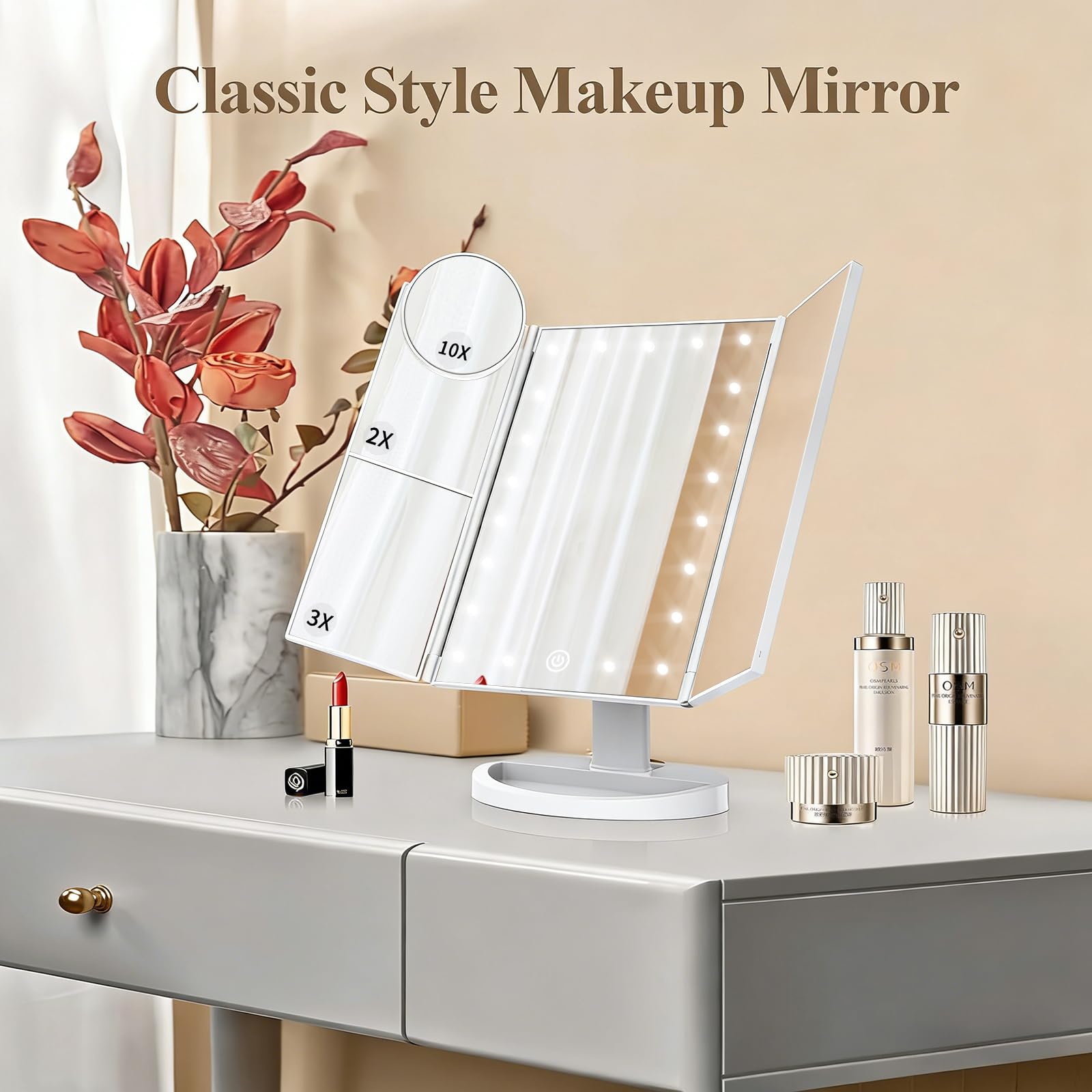 HUONUL Makeup Mirror with Lights – 2X/3X/10X Magnification, Touch Control, Trifold Vanity