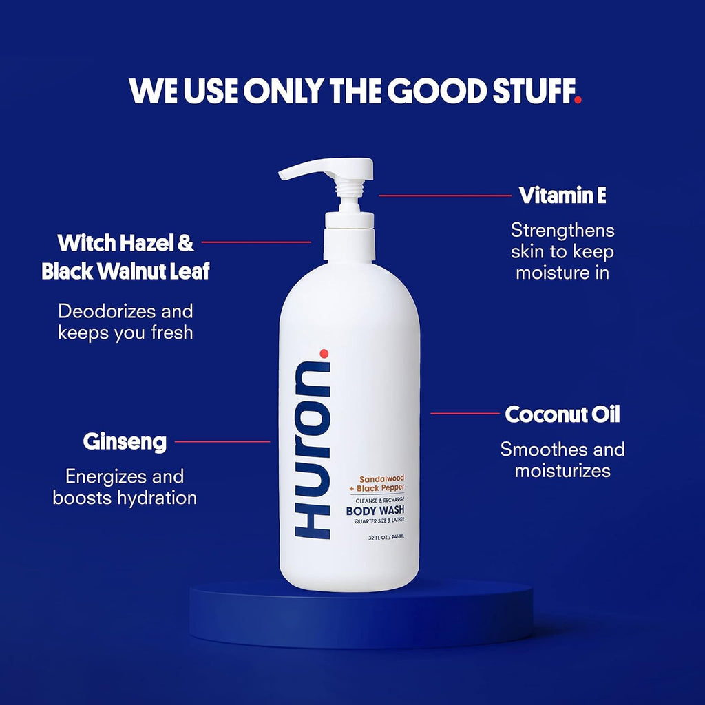Huron Jumbo Shower Kit for Men – 30.3 oz Shampoo, Conditioner & Body Wash (Sandalwood & Black Pepper)