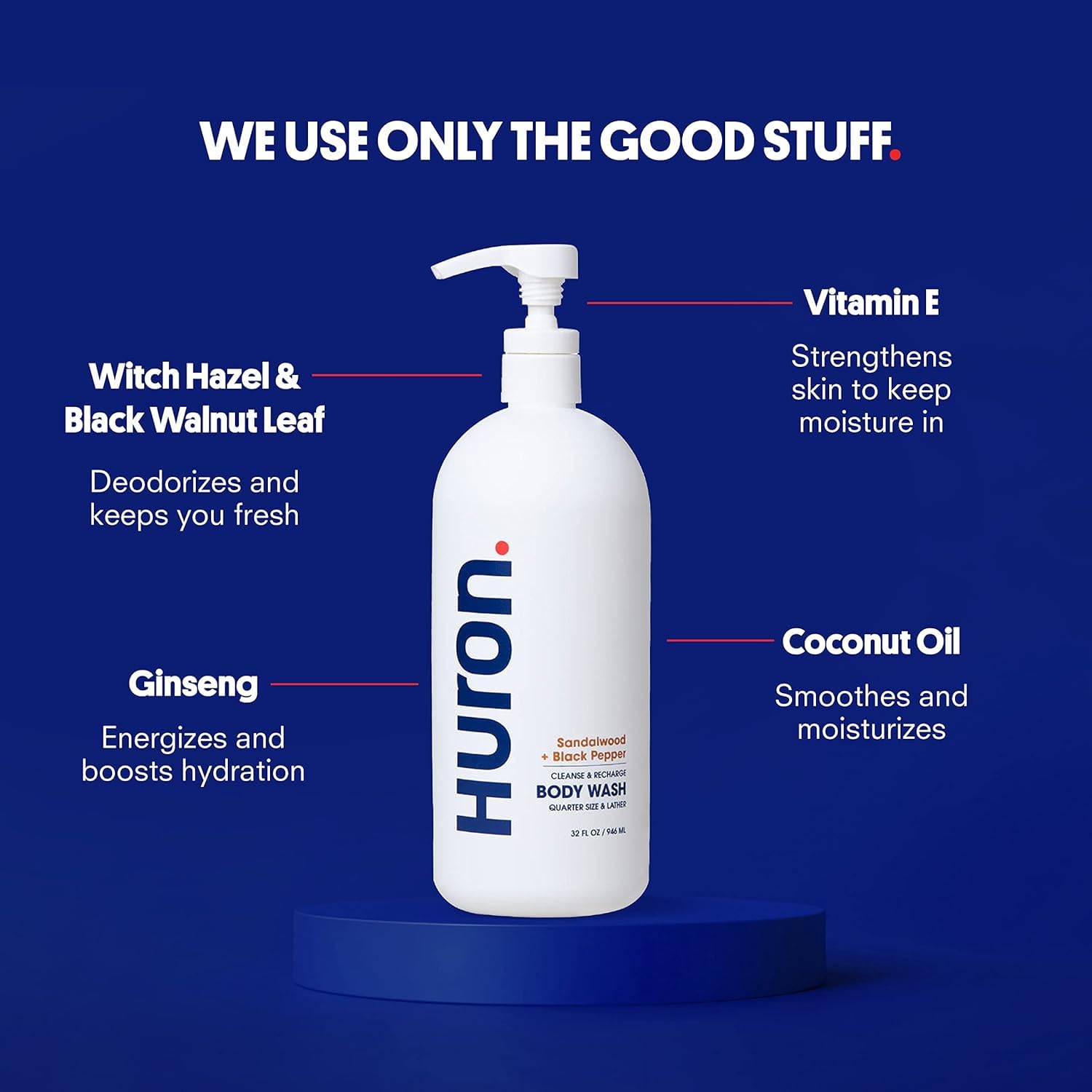 Huron Jumbo Shower Kit for Men – 30.3 oz Shampoo, Conditioner & Body Wash (Sandalwood & Black Pepper)
