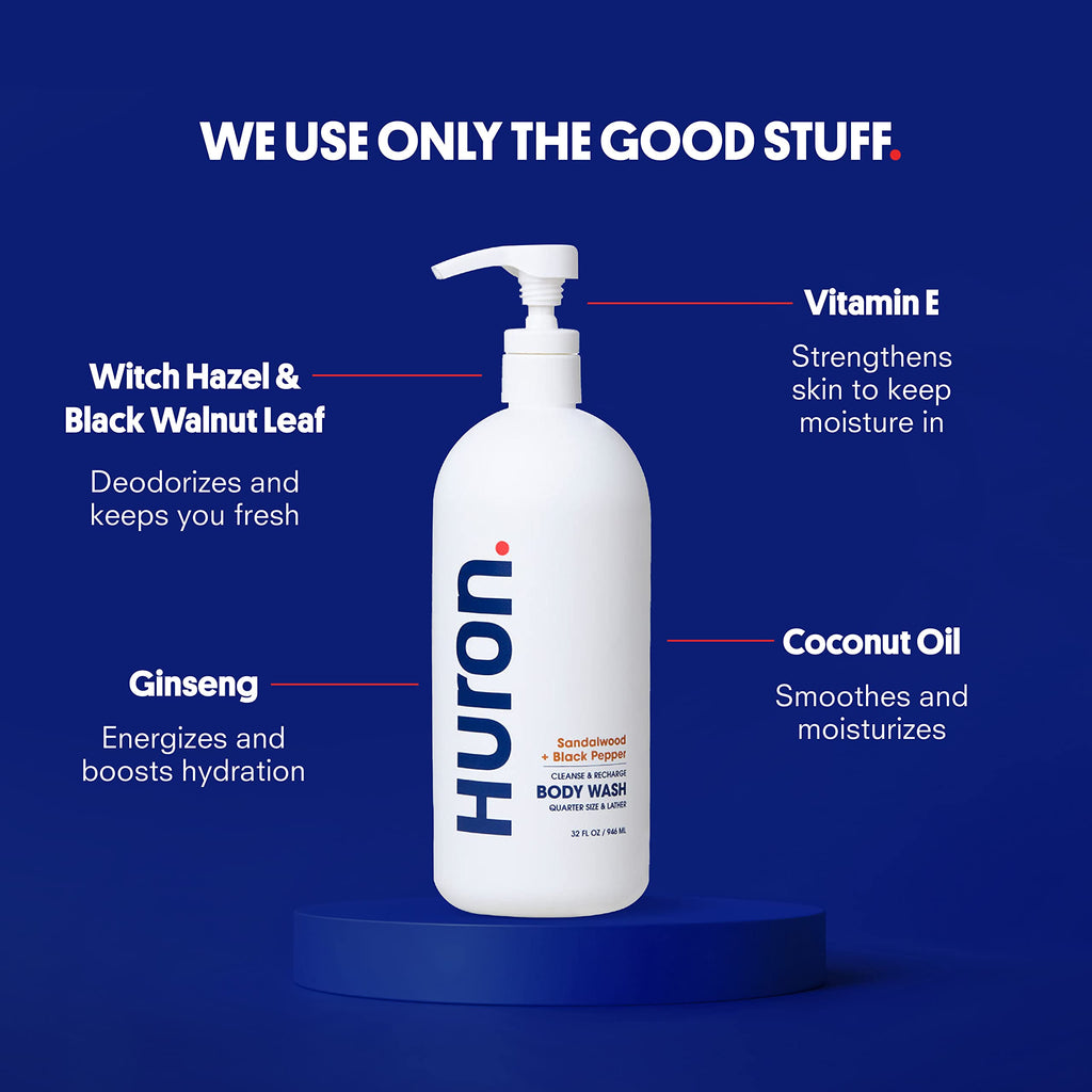 Huron Men's Moisturizing Body Wash – Clean Woody Sandalwood, Black Pepper & Amber, 30.3 oz
