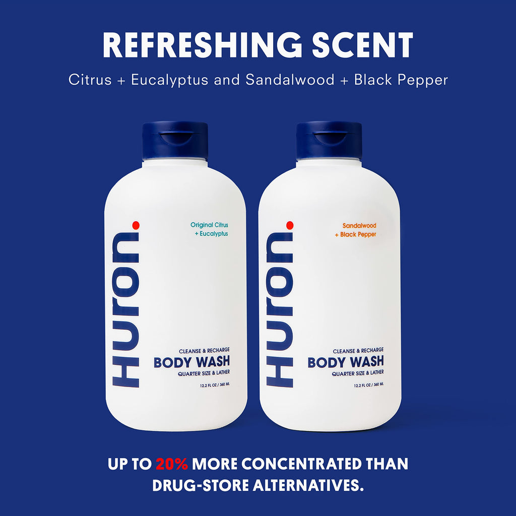 Huron Men’s Moisturizing Body Wash – Clean Woody Sandalwood & Amber, 2 Pack (12.2 fl oz each) – Vegan & Cruelty-Free
