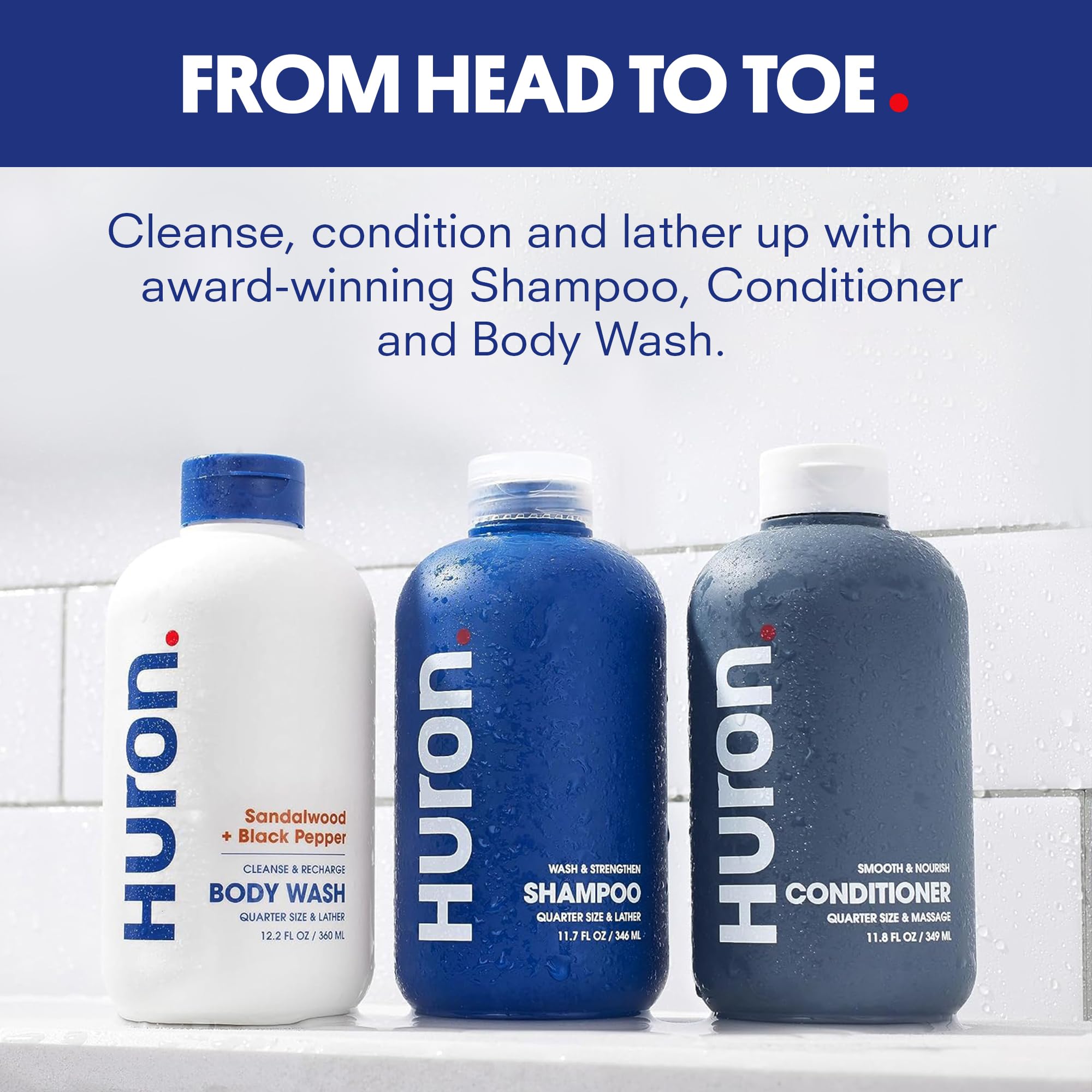 Huron Shower Kit for Men – Hydrating Shampoo, Nourishing Conditioner & Sandalwood Body Wash