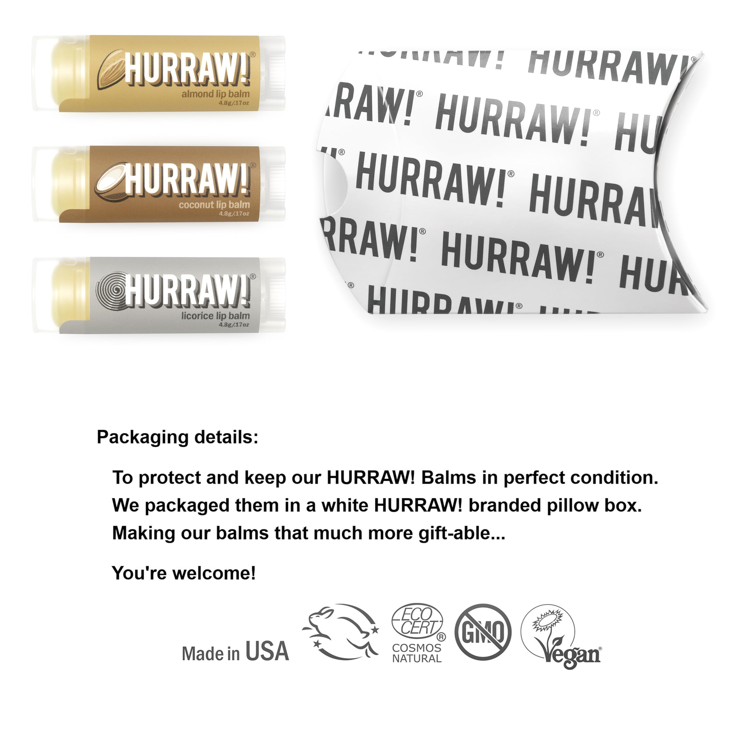 Hurraw! Almond, Coconut & Licorice Lip Balms 3-Pack – Organic, Vegan, Cruelty-Free, Made in USA
