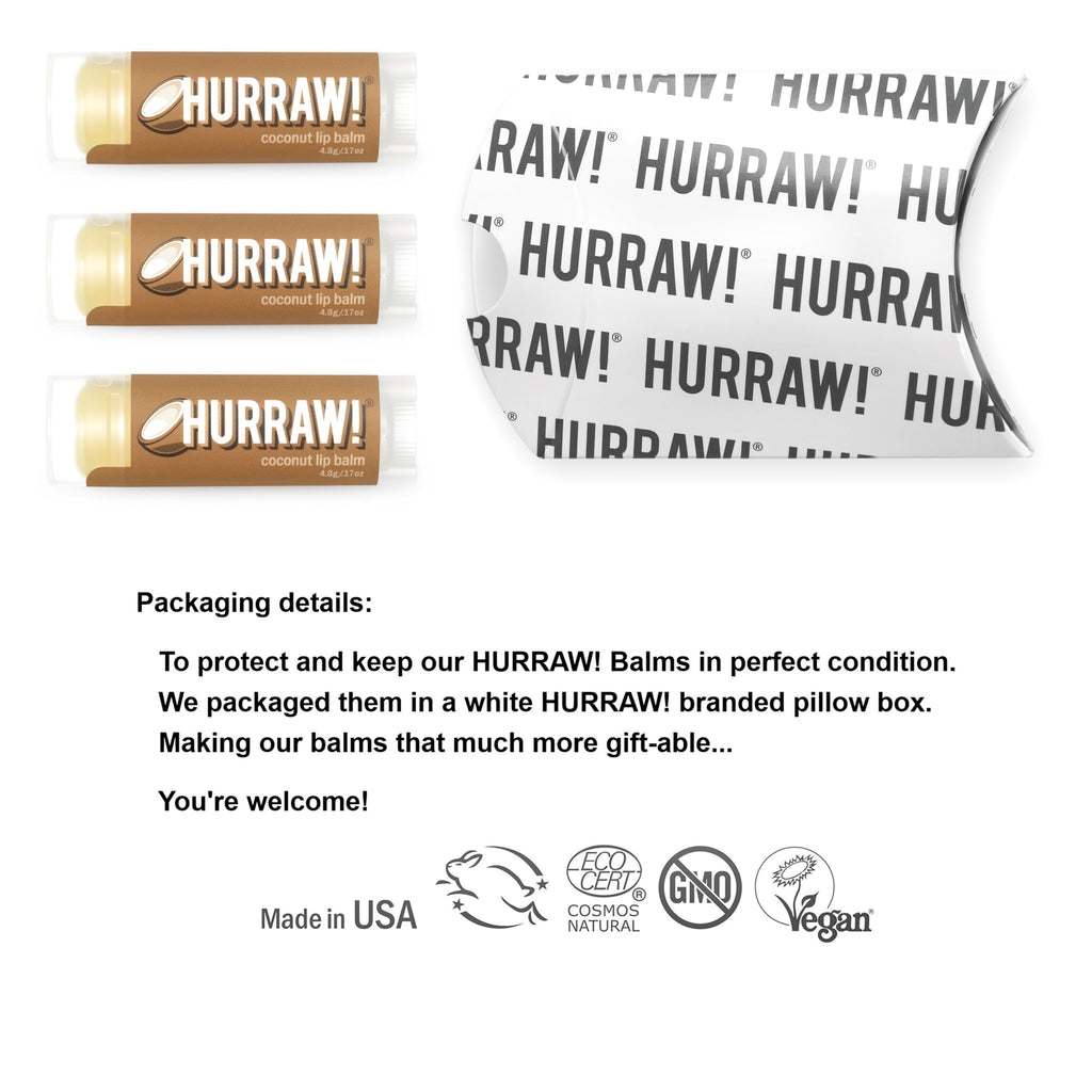 Hurraw! Coconut Lip Balm 3 Pack | Organic, Vegan, Cruelty-Free, Made in USA