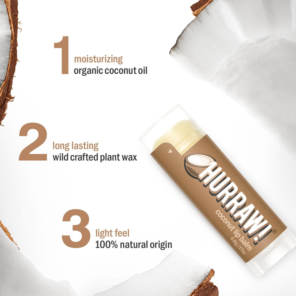 Hurraw! Coconut Lip Balm 3 Pack | Organic, Vegan, Cruelty-Free, Made in USA