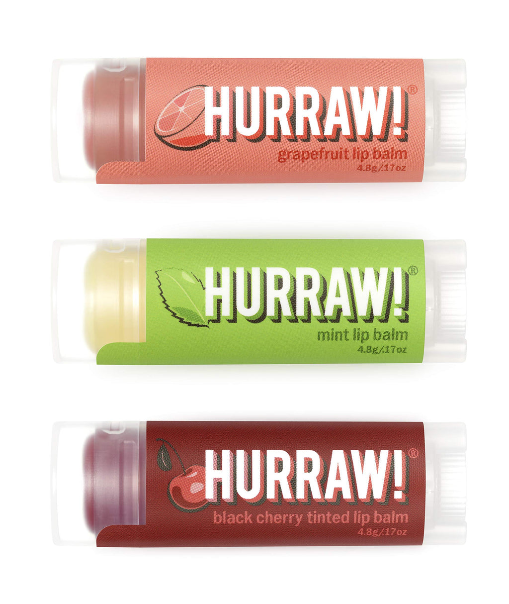 Hurraw! Grapefruit, Mint & Black Cherry Tinted Lip Balms – 3 Pack, Organic, Vegan, Cruelty-Free, Made in USA