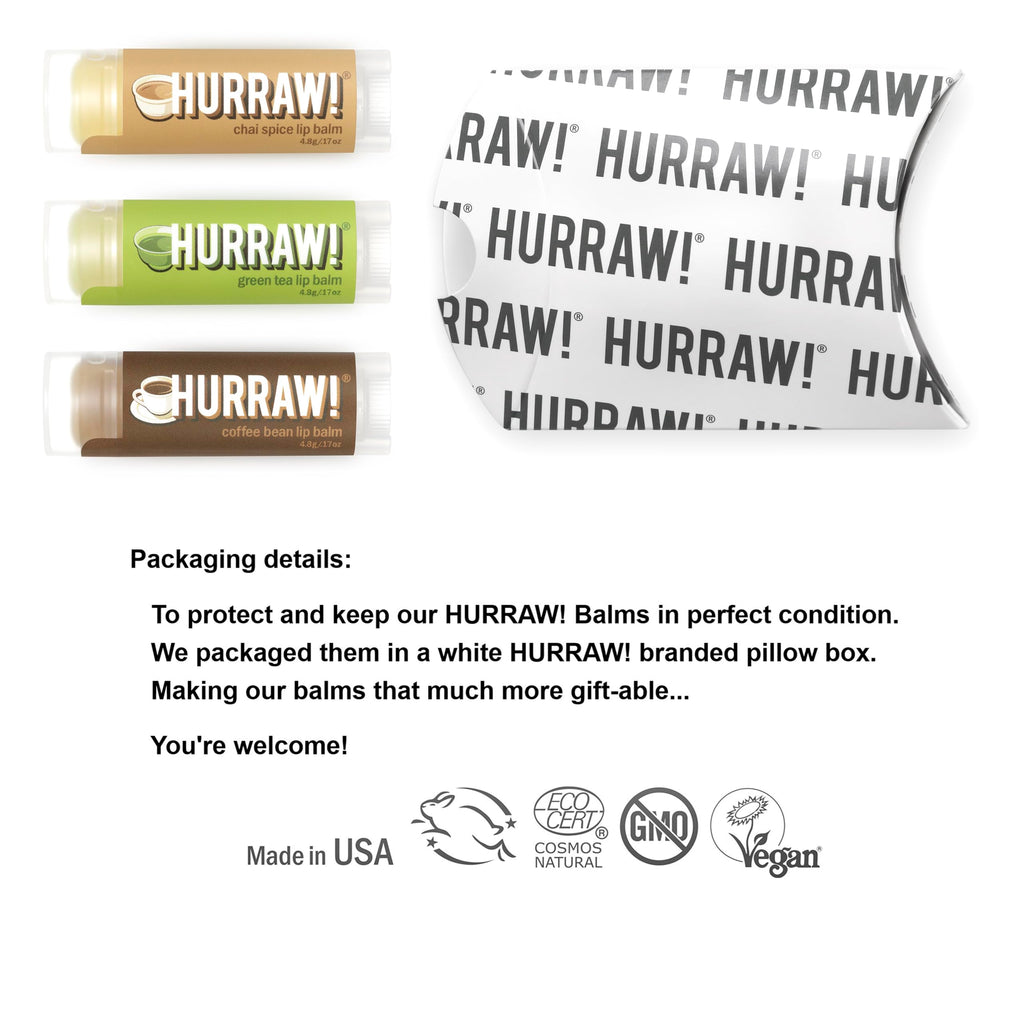 Hurraw! Lip Balm 3-Pack: Chai Spice, Green Tea & Coffee Bean – Organic & Vegan