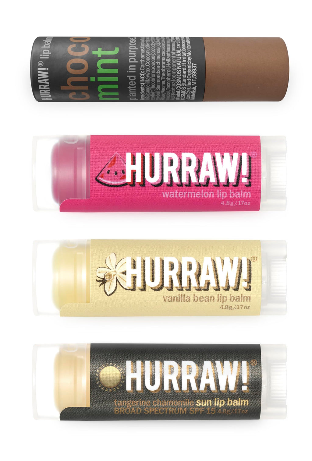 Hurraw! Lip Balms 4-Balm Bundle: Chocolate Mint, Watermelon, Vanilla Bean & Sun SPF 15 | Organic, Vegan, 100% Natural
