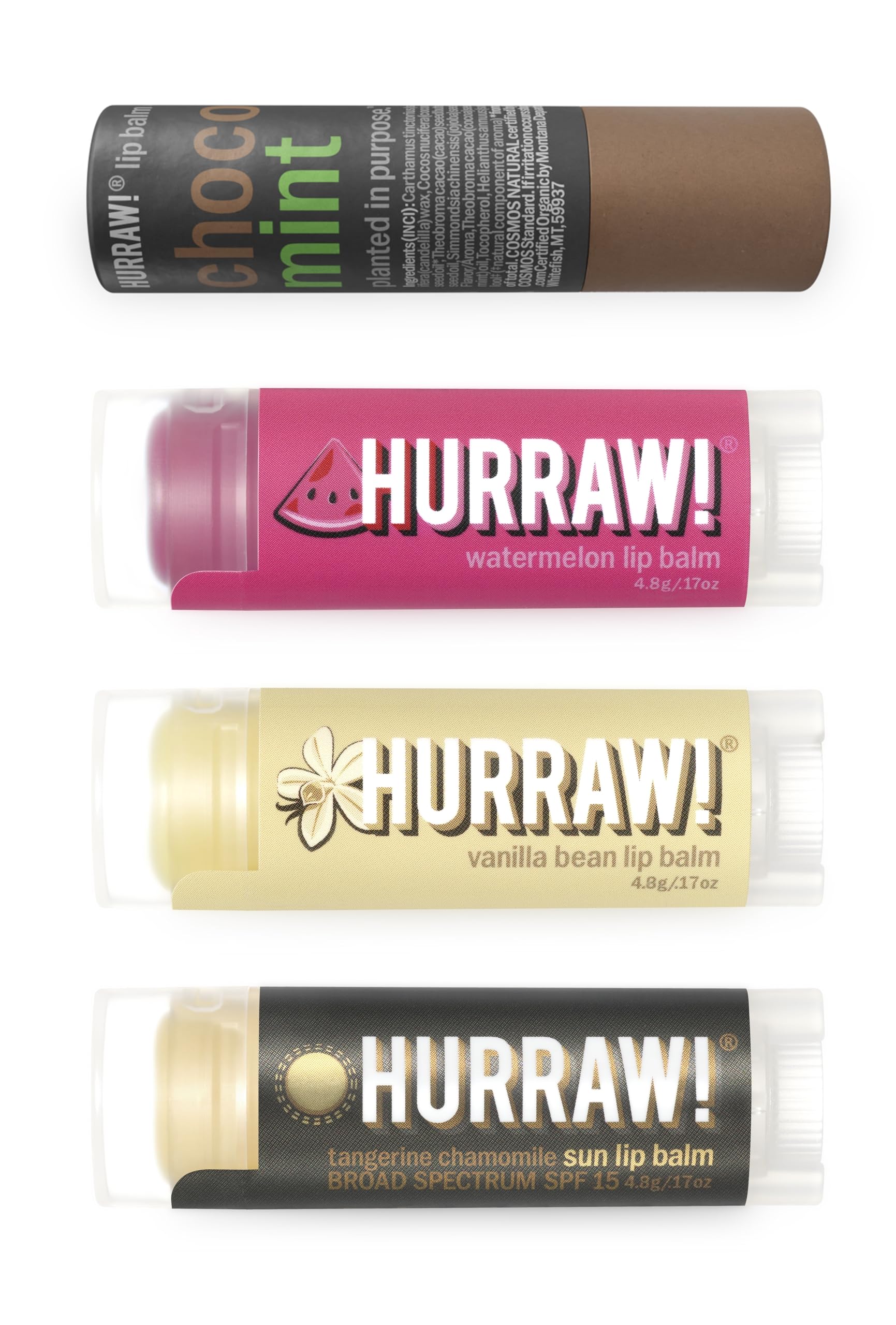 Hurraw! Lip Balms 4-Balm Bundle: Chocolate Mint, Watermelon, Vanilla Bean & Sun SPF 15 | Organic, Vegan, 100% Natural