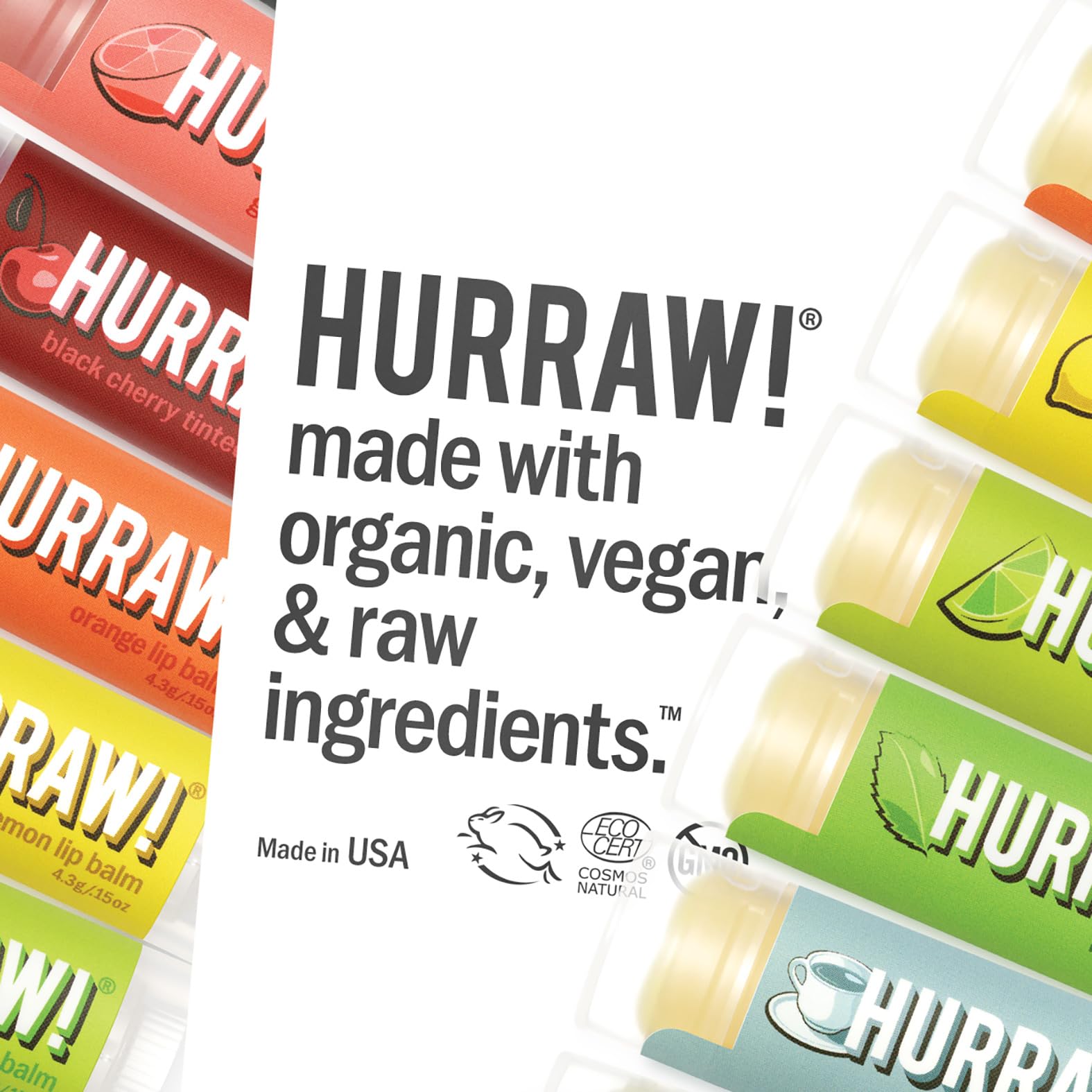 Hurraw! Lip Balms 4-Balm Bundle: Chocolate Mint, Watermelon, Vanilla Bean & Sun SPF 15 | Organic, Vegan, 100% Natural