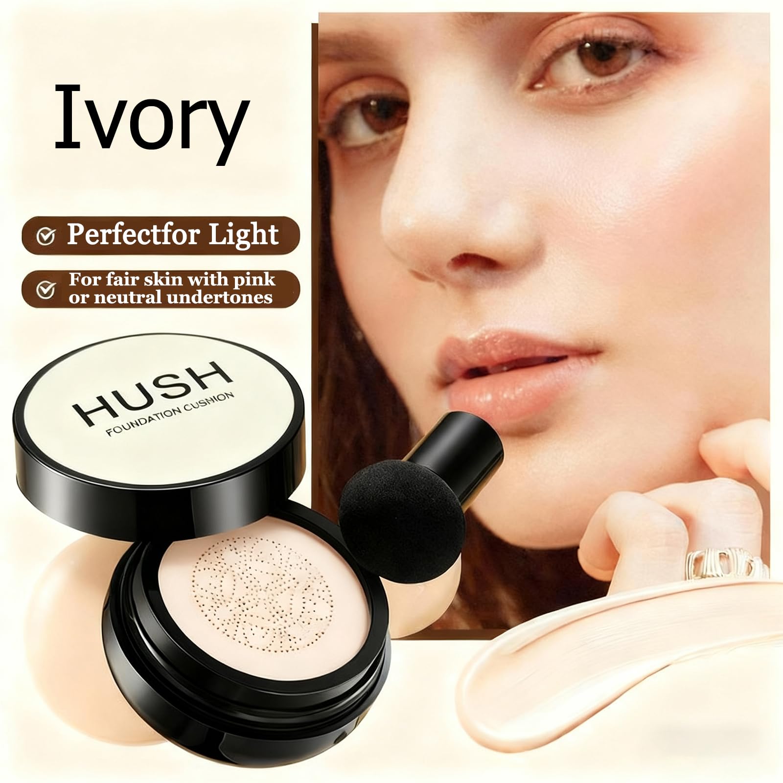 Hush Makeup Ivory Foundation for Mature Skin | Hydrating Cushion CC Cream