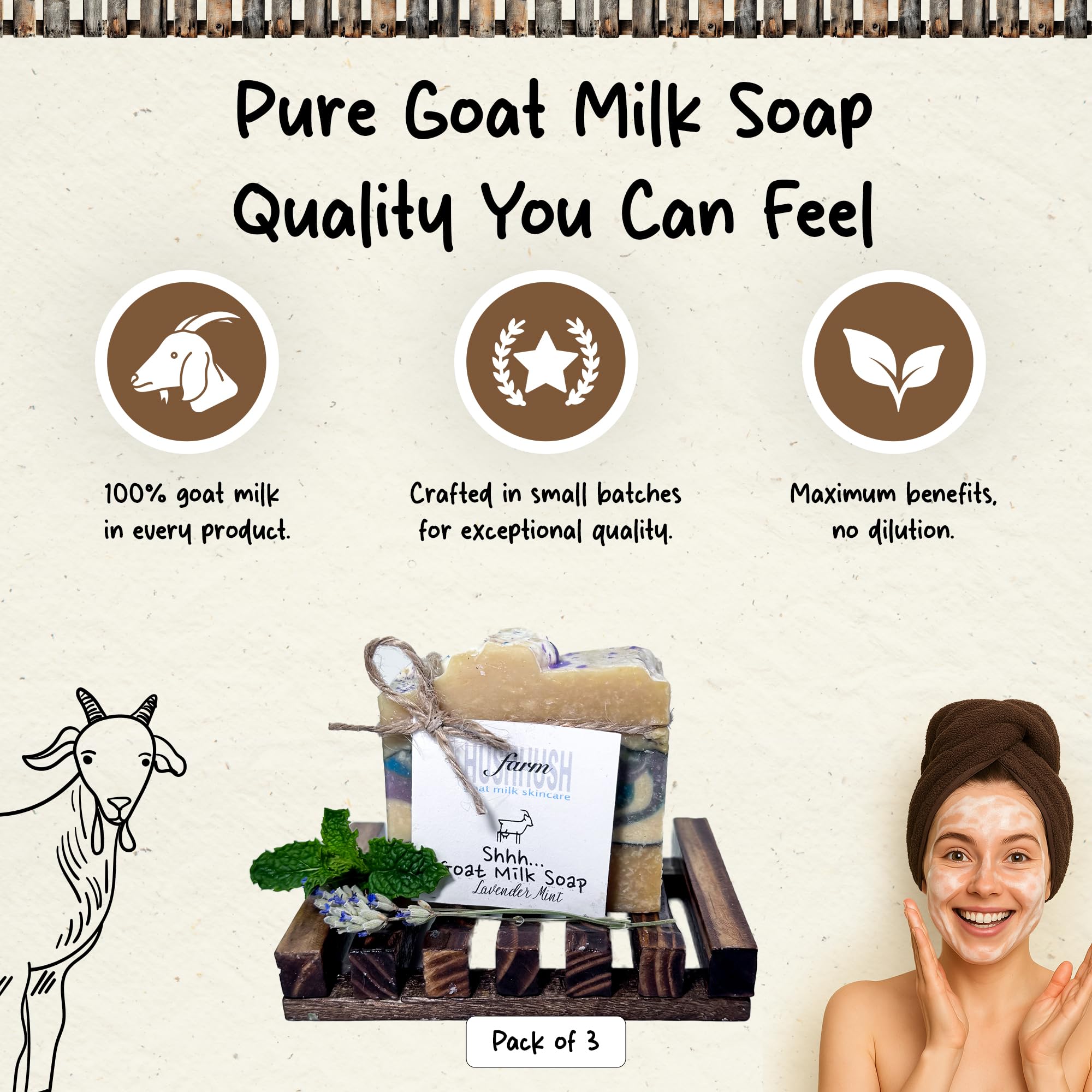 HushHush Farm Lavender Mint Goat Milk Soap Bar – Face & Body, 3-Pack
