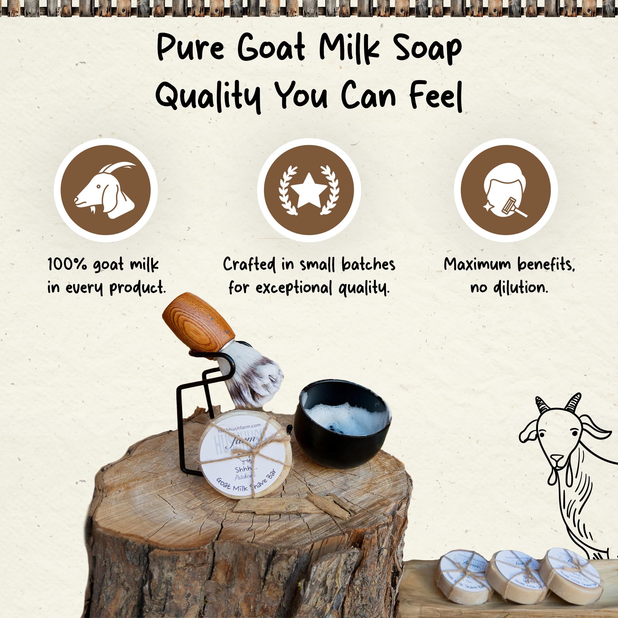 HushHush Farm Shaving Soap for Men – Goat Milk, Olive Oil & Cocoa Butter | 3-Pack (Patchouli, Tea Tree, Lavender Mint)