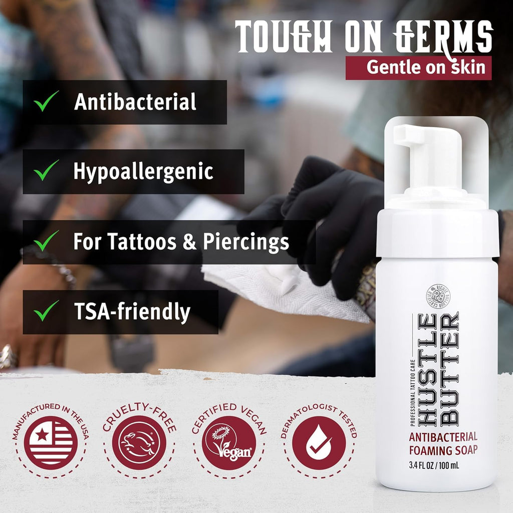 Hustle Butter Deluxe - Hustle Bubbles Tattoo Aftercare | Antibacterial Foaming Soap for New Tattoos & Piercings | TSA Approved | Vegan & Cruelty-Free | 3.4 fl oz