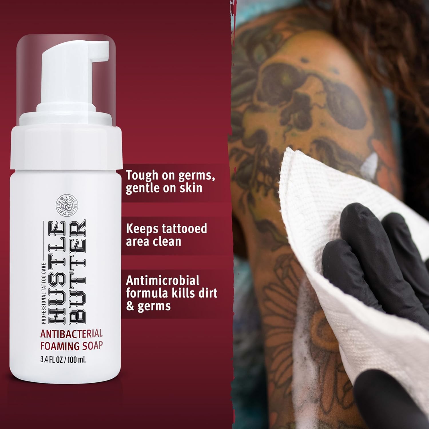 Hustle Butter Deluxe - Hustle Bubbles Tattoo Aftercare | Antibacterial Foaming Soap for New Tattoos & Piercings | TSA Approved | Vegan & Cruelty-Free | 3.4 fl oz