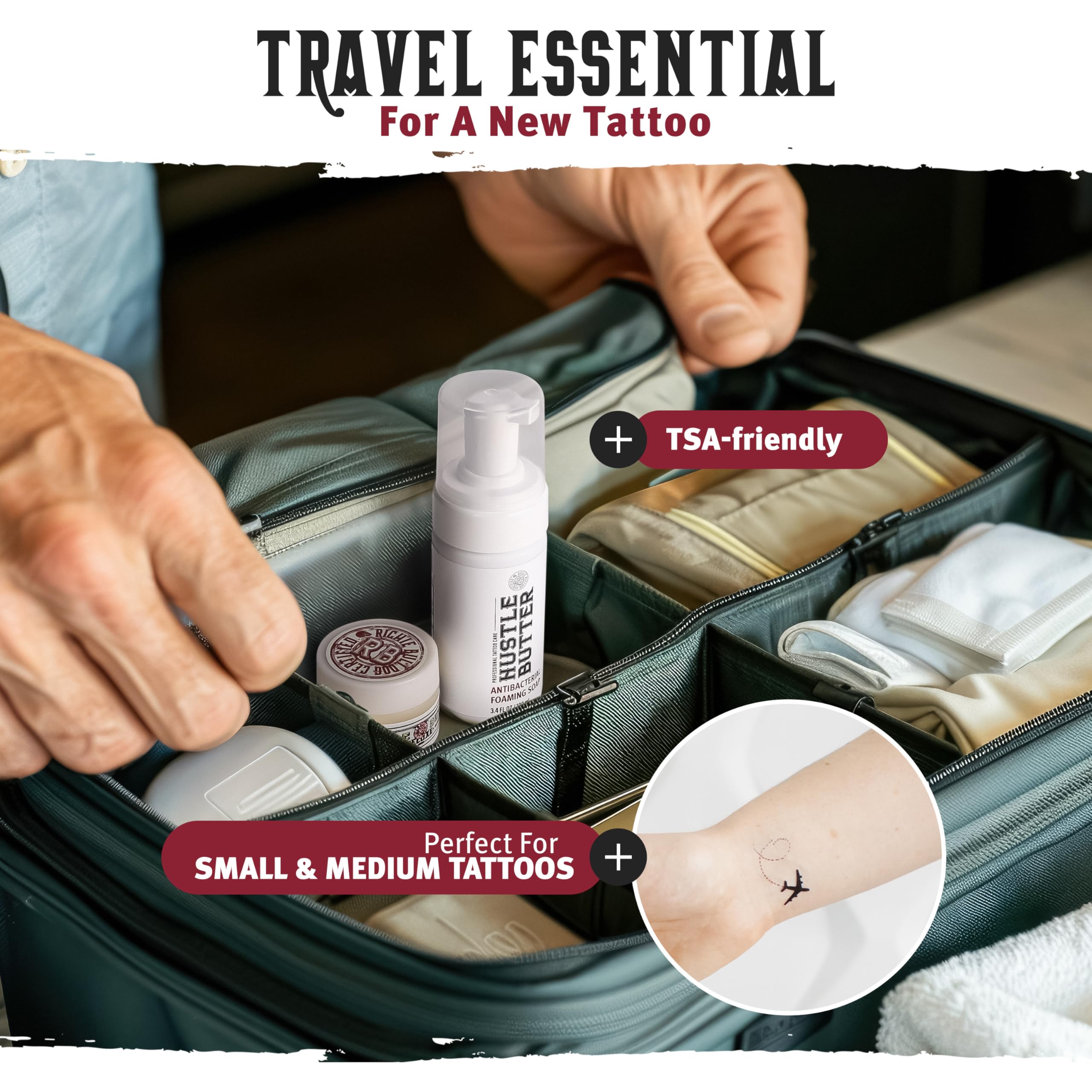 Hustle Butter Deluxe - Hustle Bubbles Tattoo Aftercare | Antibacterial Foaming Soap for New Tattoos & Piercings | TSA Approved | Vegan & Cruelty-Free | 3.4 fl oz