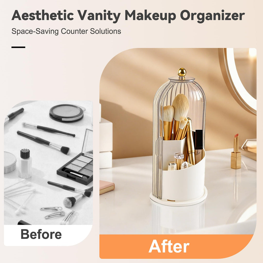 Hvygss 360° Rotating Makeup Brush Holder with Lid | Waterproof Three-Compartment Vanity Organizer