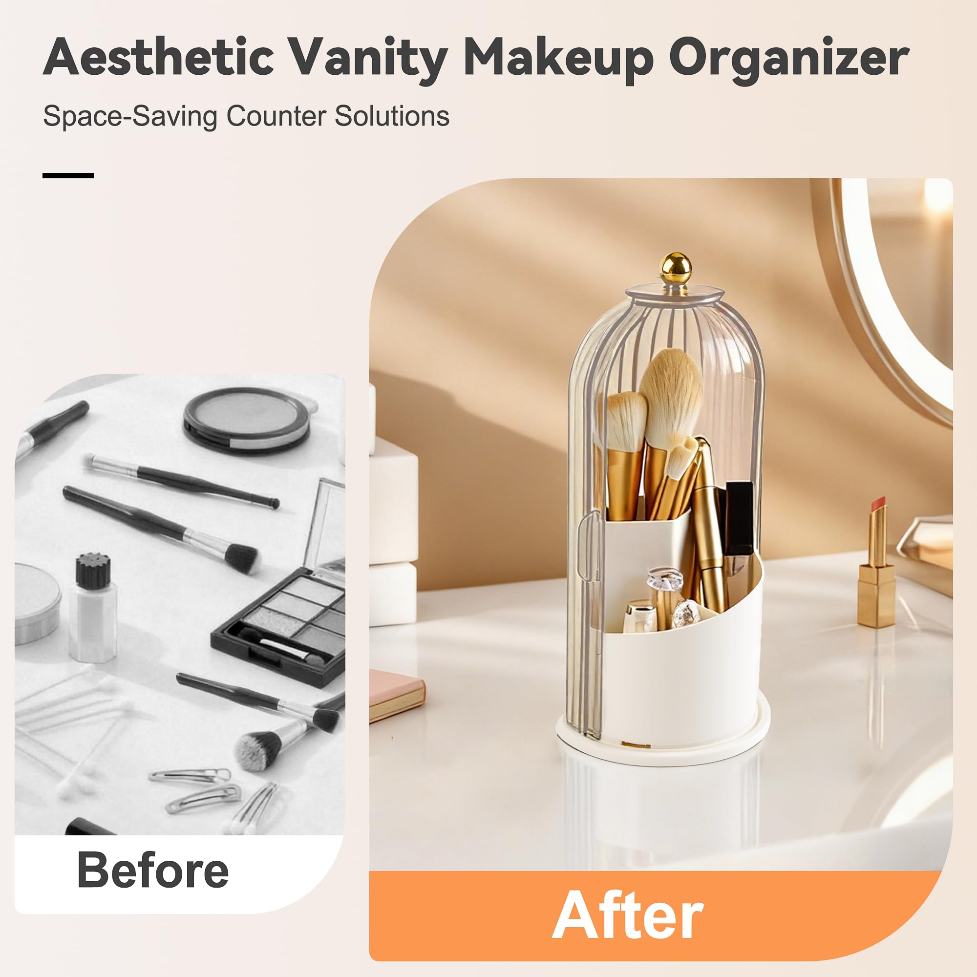 Hvygss 360° Rotating Makeup Brush Holder with Lid | Waterproof Three-Compartment Vanity Organizer