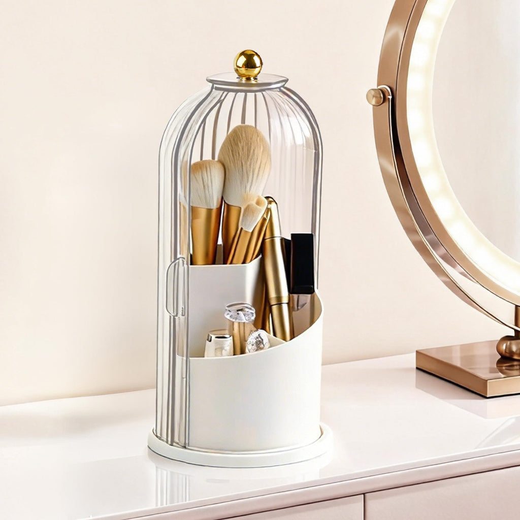 Hvygss 360° Rotating Makeup Brush Holder with Lid | Waterproof Three-Compartment Vanity Organizer