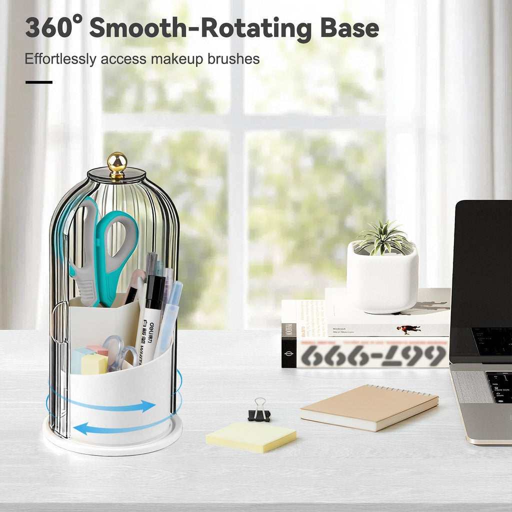 Hvygss 360° Rotating Makeup Brush Holder with Lid – Waterproof 3-Compartment Organizer