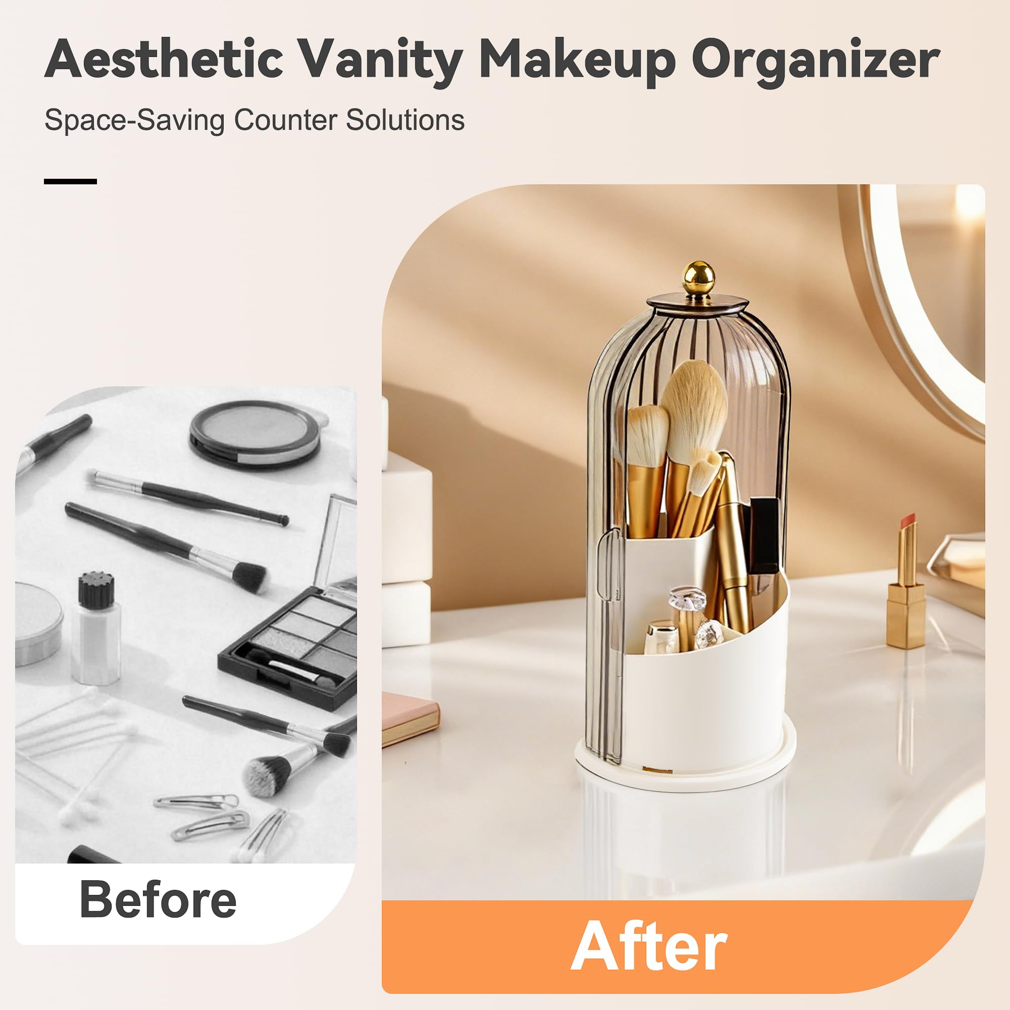 Hvygss 360° Rotating Makeup Brush Holder with Lid – Waterproof 3-Compartment Organizer