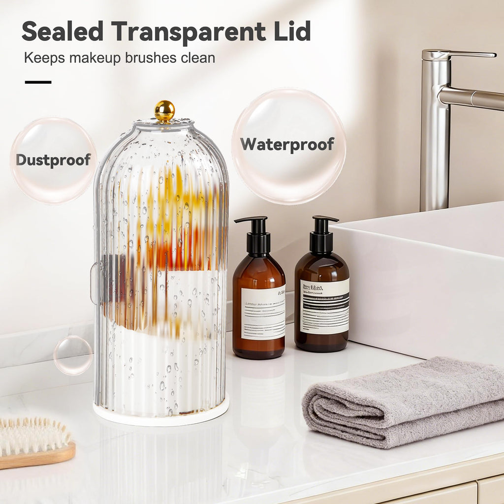 Hvygss 360° Rotating Makeup Brush Holder with Lid | Waterproof Three-Compartment Vanity Organizer