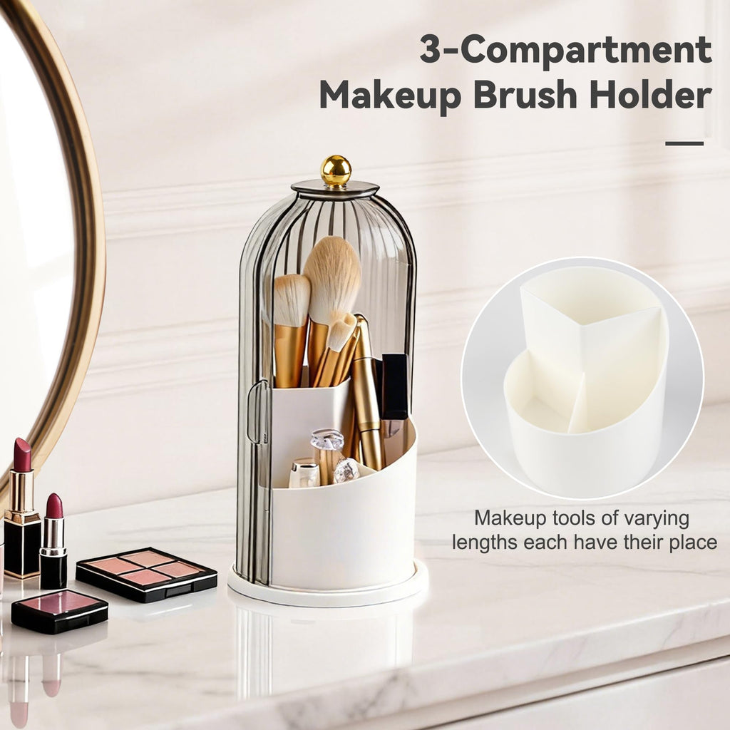 Hvygss 360° Rotating Makeup Brush Holder with Lid – Waterproof 3-Compartment Organizer