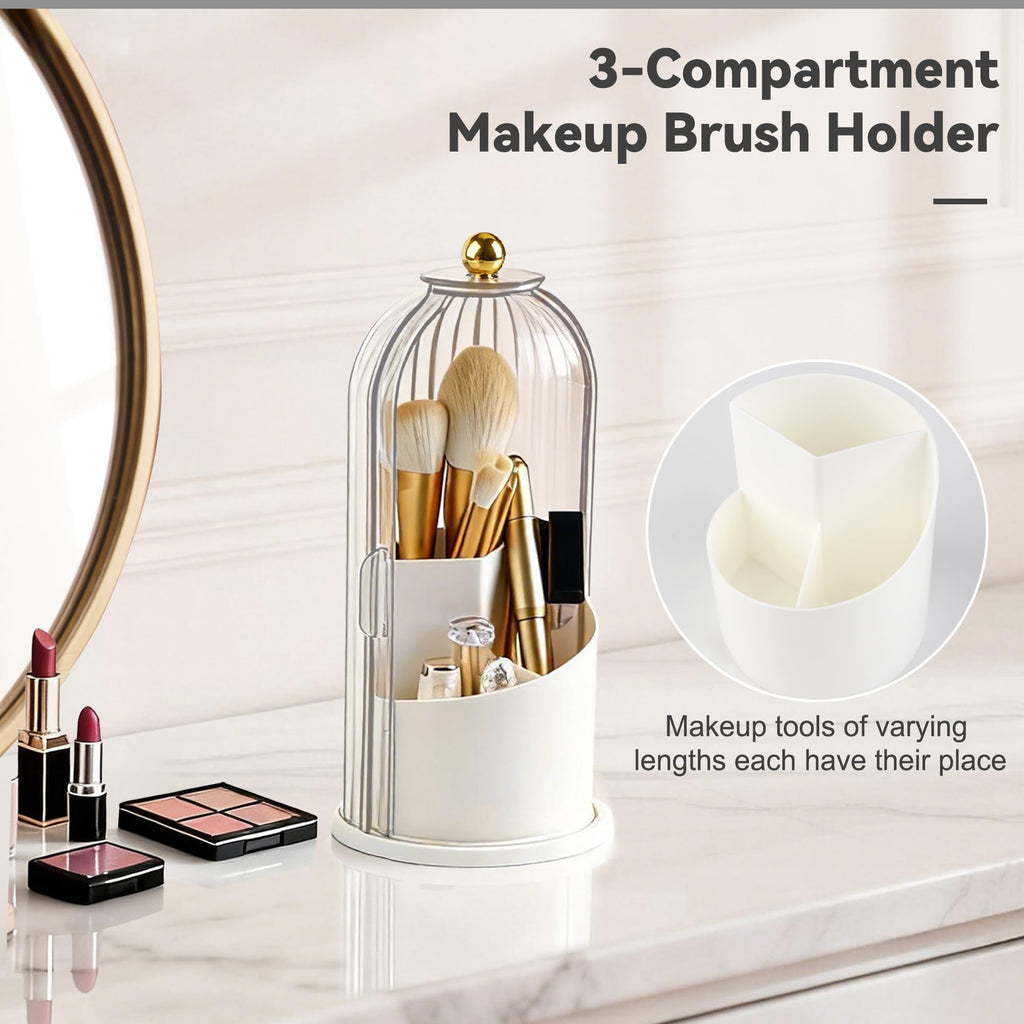 Hvygss 360° Rotating Makeup Brush Holder with Lid | Waterproof Three-Compartment Vanity Organizer