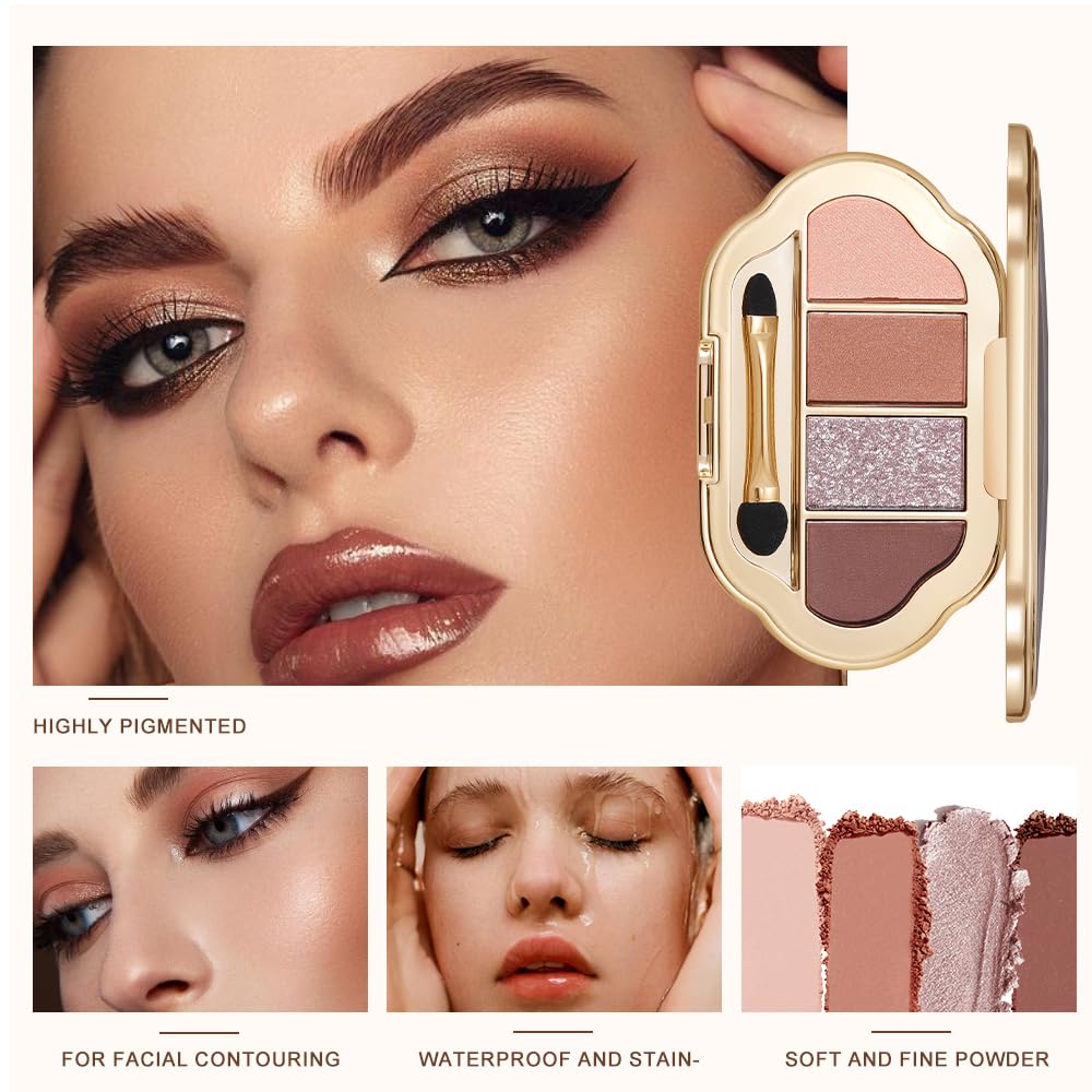 Hxssll 4-Color Neutral Nude Matte & Shimmer Eyeshadow Palette – Peach Bronze Cocoa for Blue/Green Eyes