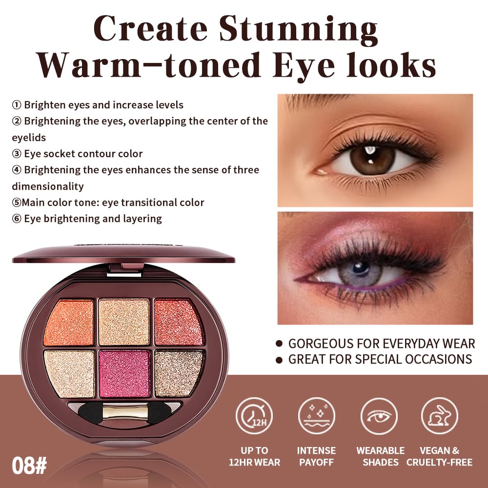 Hxssll Shimmer Glitter Mini Eyeshadow Palette – 6 Warm Tones, High Pigment & Waterproof