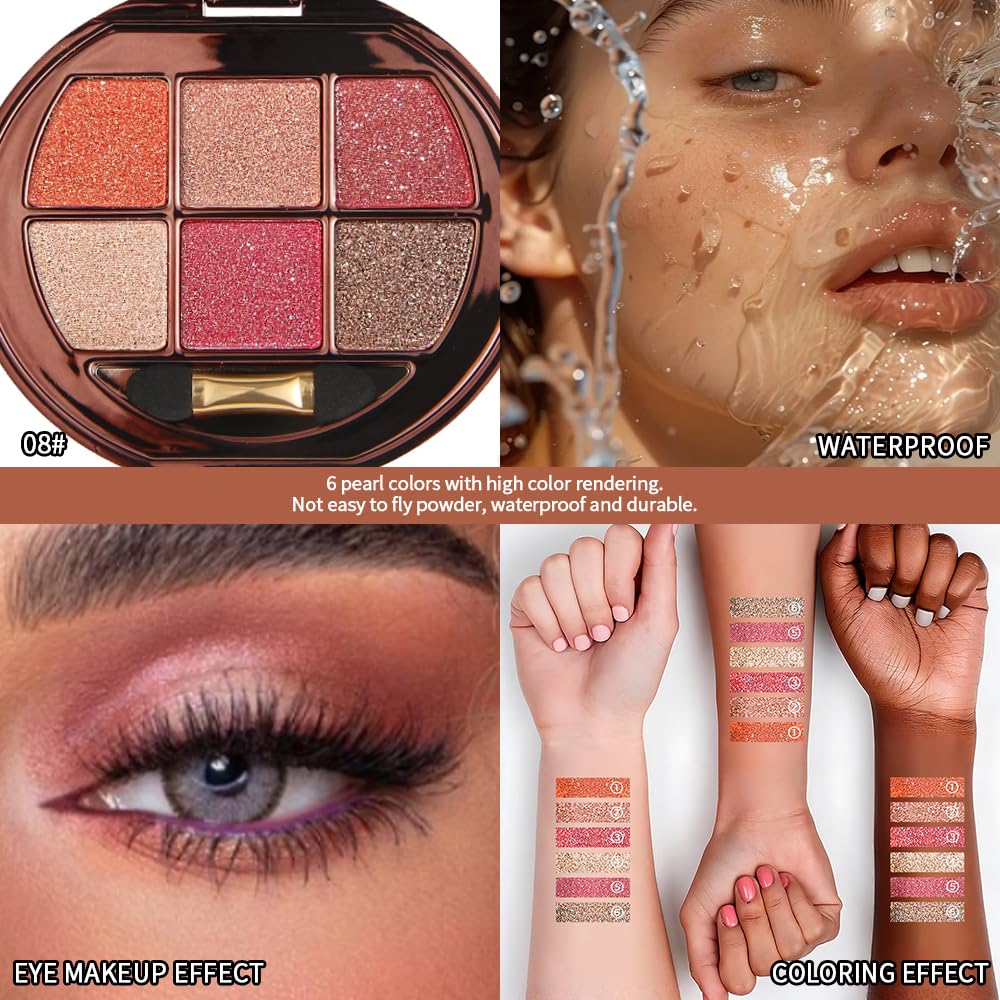 Hxssll Shimmer Glitter Mini Eyeshadow Palette – 6 Warm Tones, High Pigment & Waterproof