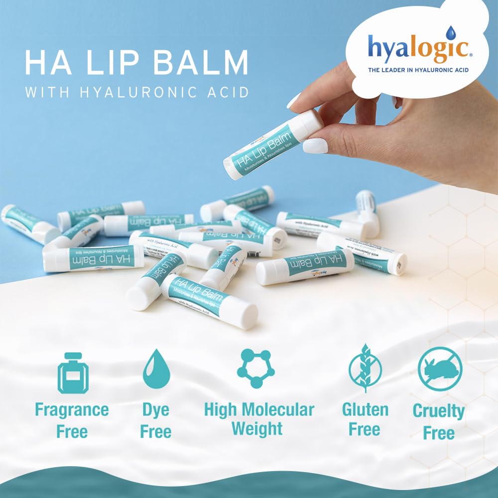 Hyalogic HA Lip Balm – Hyaluronic Acid & Organic Coconut Oil, Fragrance-Free, 4 Sticks (4.25g each)