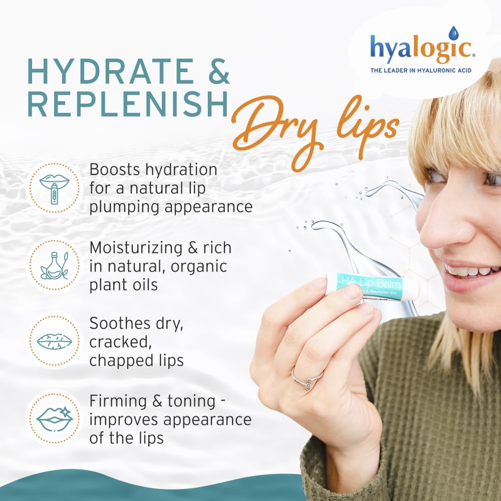 Hyalogic HA Lip Balm – Hyaluronic Acid & Organic Coconut Oil, Fragrance-Free, 4 Sticks (4.25g each)