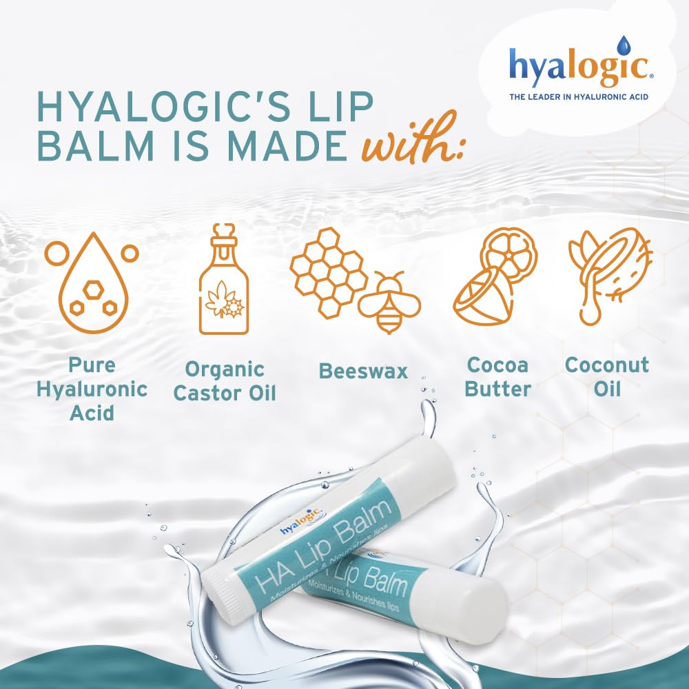 Hyalogic HA Lip Balm – Hyaluronic Acid & Organic Coconut Oil, Fragrance-Free, 4 Sticks (4.25g each)