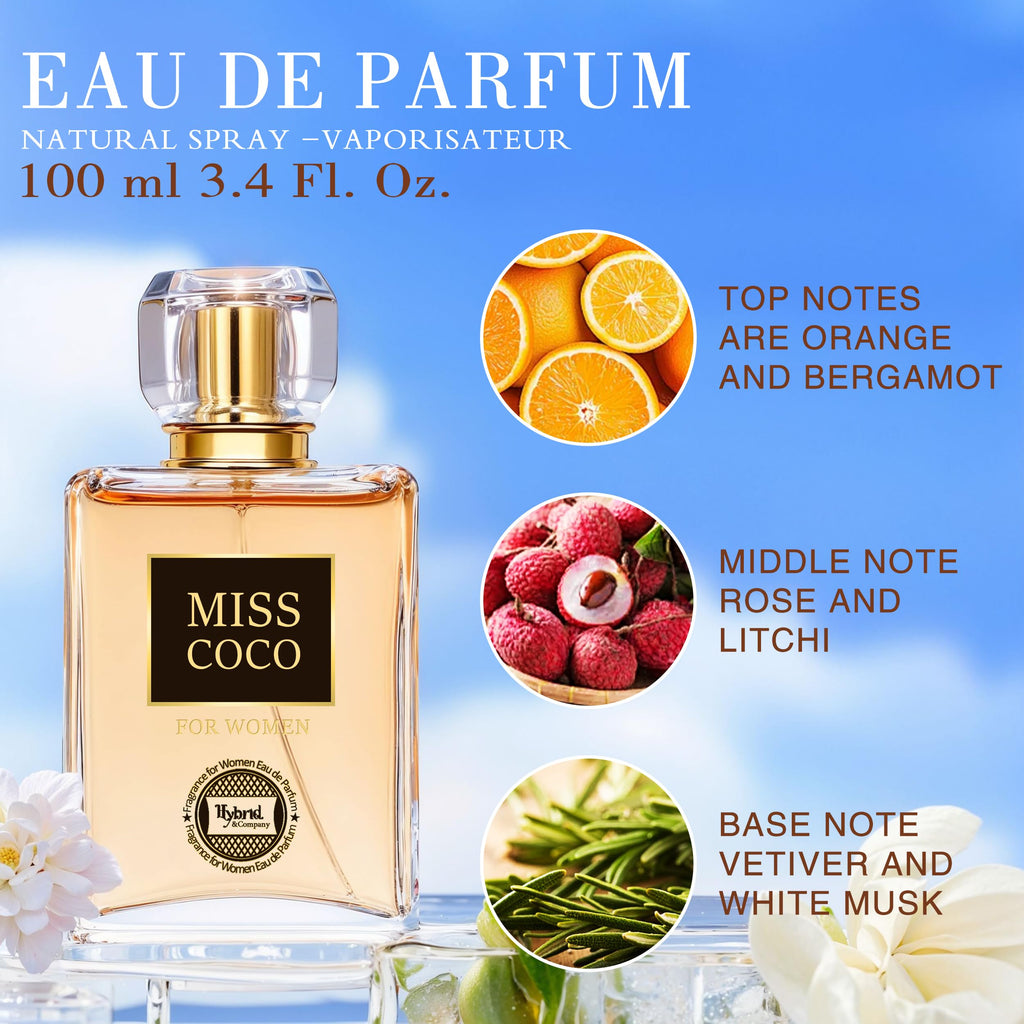 Hybrid & Company Miss Coco Fragrance for Women – Eau de Parfum Natural Spray 3.4 fl oz