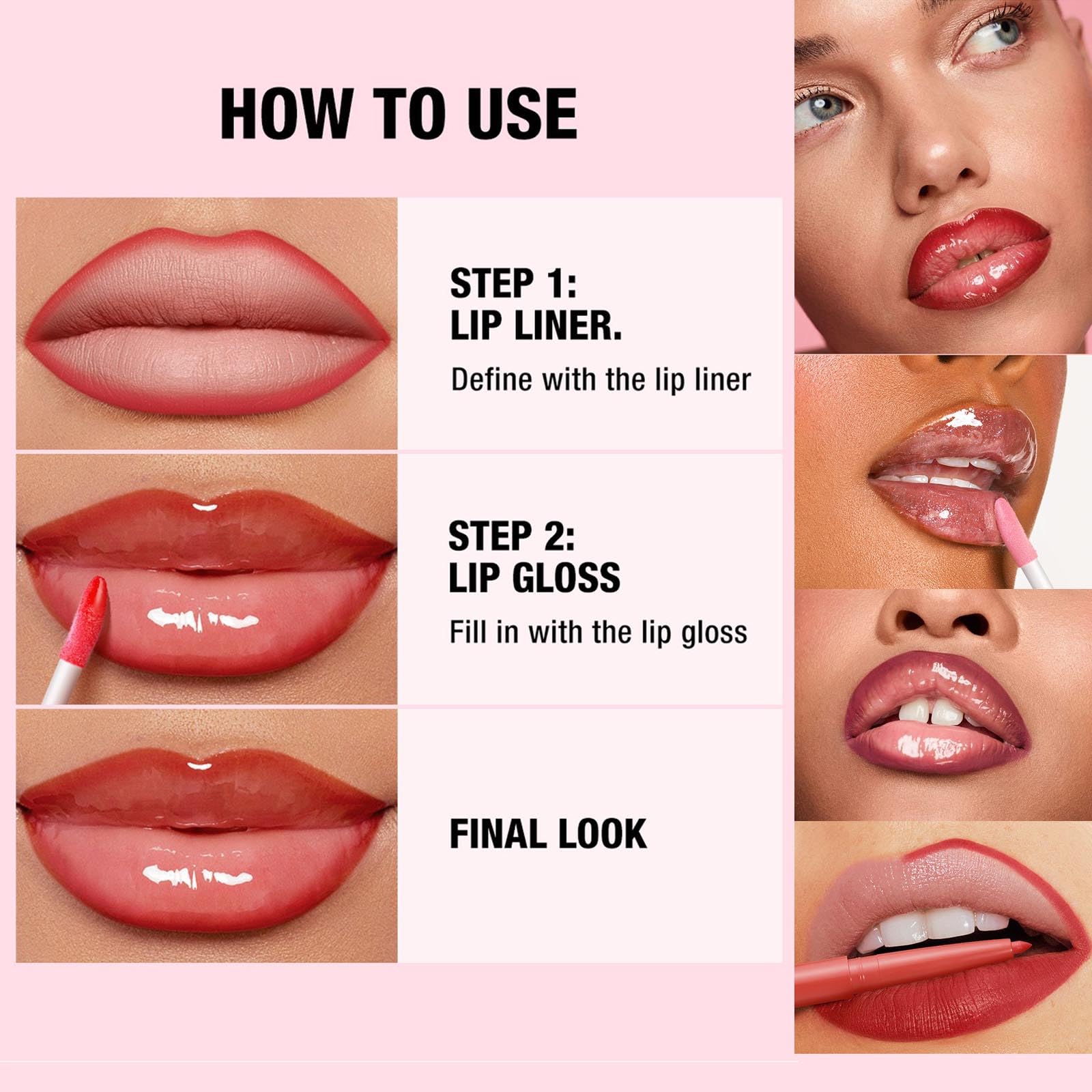 Hyesamyo Dark Red Lip Gloss Lip Liner Set – 12 Shades, Lip Oil, Waterproof