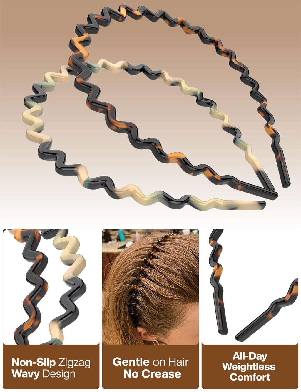 HYFEEL Wavy Headbands – Non-Slip Skinny Hair Bands (2 Pack, Tortoise Shell & Ivory)