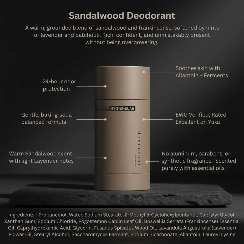 HygieneLab Men's Deodorant – Aluminum-Free, 24-Hour+ Odor Protection, EWG Verified, Smooth Glide, Essential Oils, Premium Sandalwood Scent
