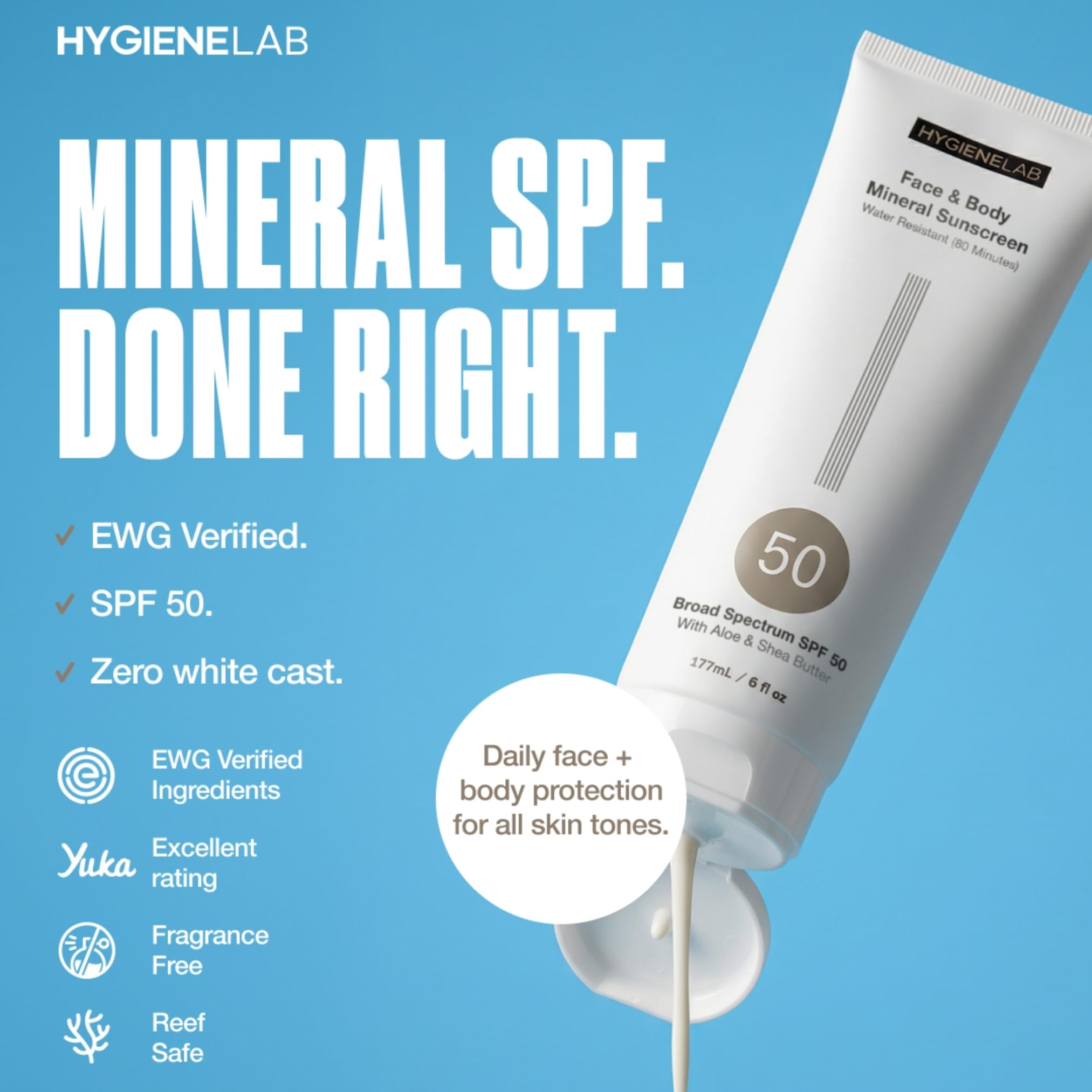 HygieneLab Mineral Sunscreen SPF 50 – Invisible Sheer Finish, Reef Safe, 6 oz