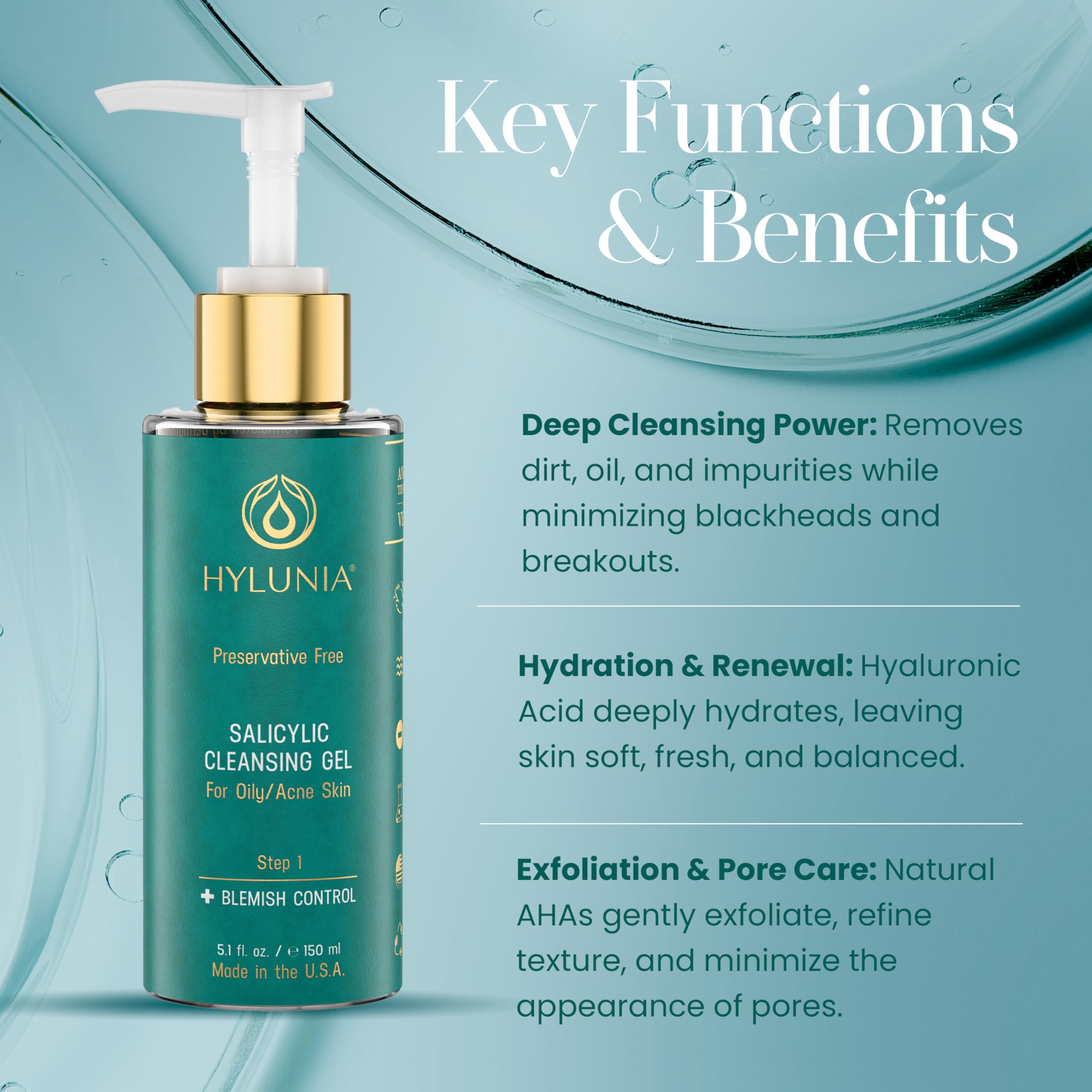 Hylunia Salicylic Facial Cleansing Gel – Deep Pore Cleanser for Oily & Acne-Prone Skin | Hydrates & Brightens