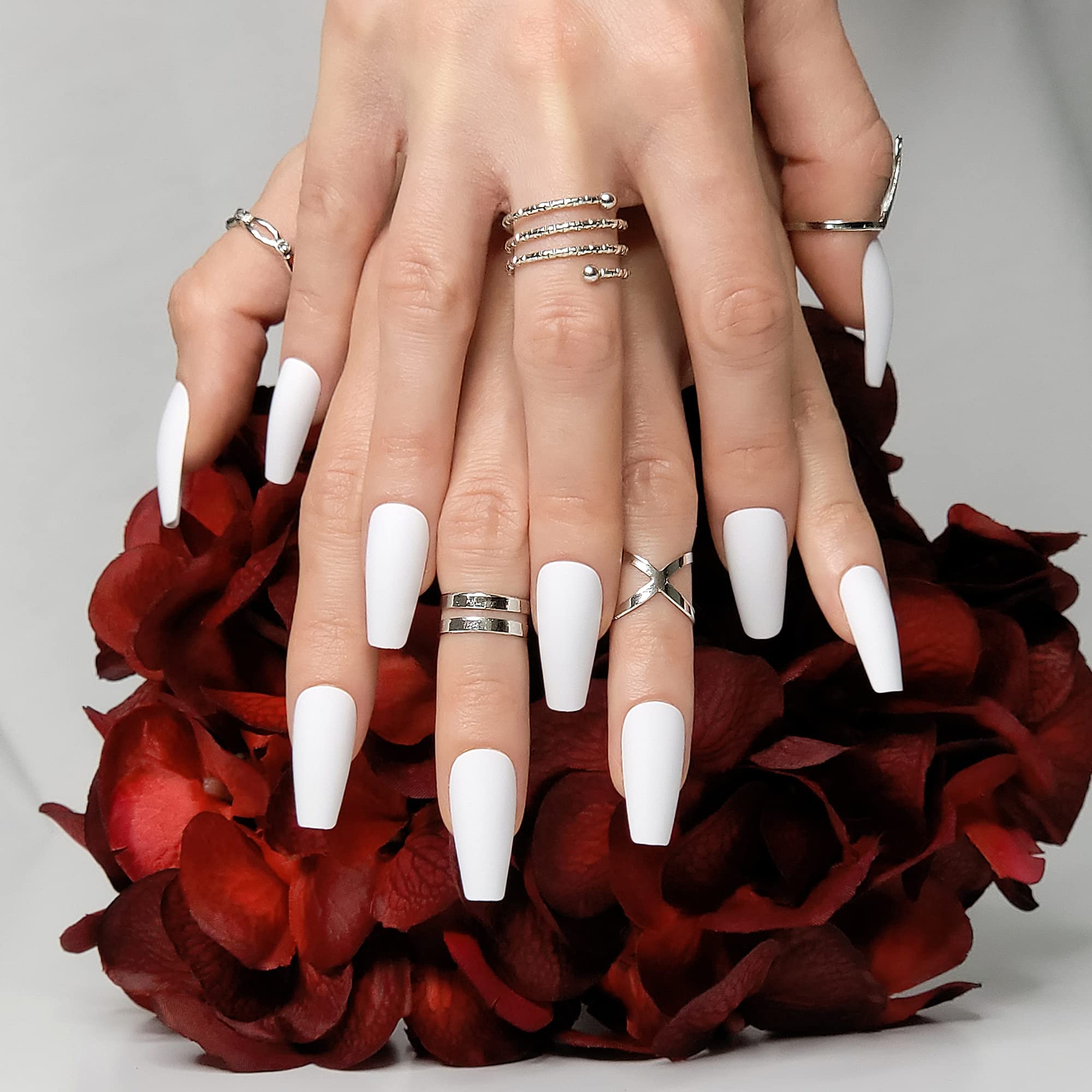 Hypnaughty 24 Pcs Santorini White Matte Coffin Nails – Medium Long Press-On Nails with Glue