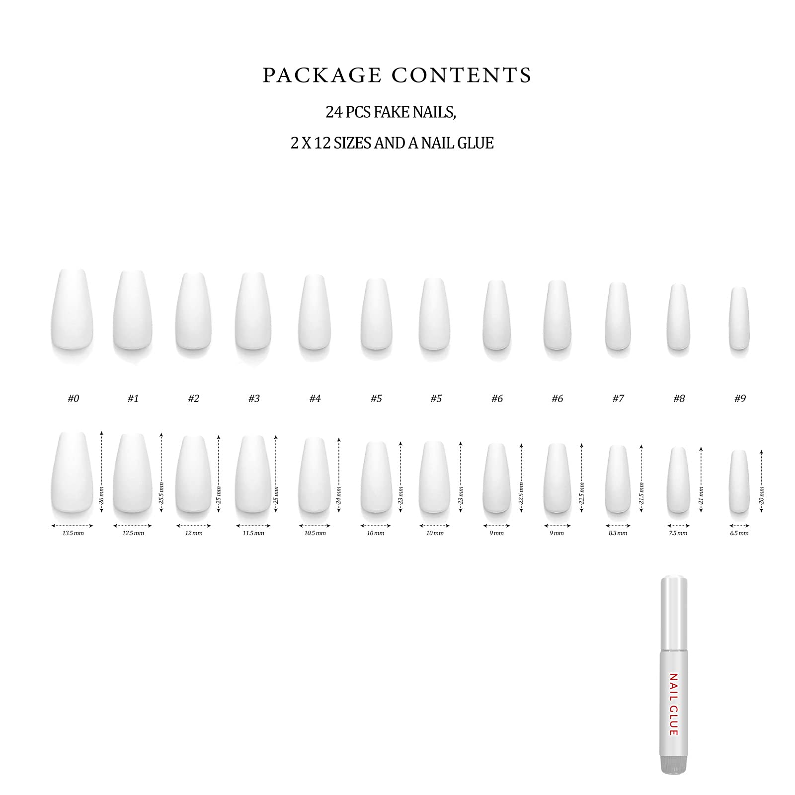 Hypnaughty 24 Pcs Santorini White Matte Coffin Nails – Medium Long Press-On Nails with Glue