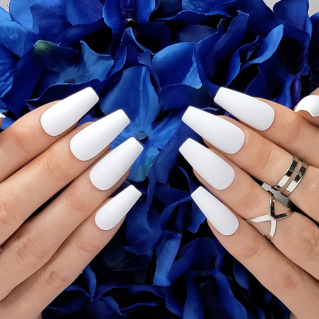 Hypnaughty 24 Pcs Santorini White Matte Coffin Nails – Medium Long Press-On Nails with Glue