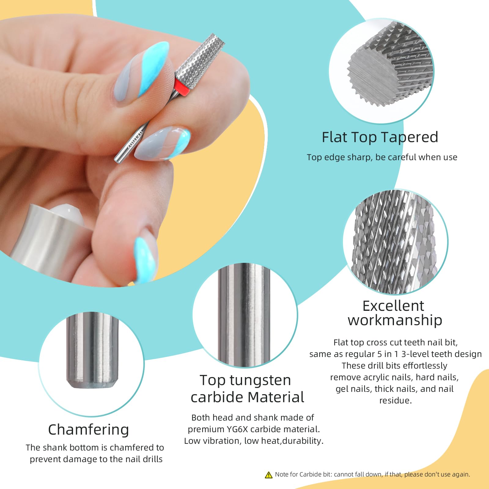 HYTOOS Flat Top 5 in 1 Nail Bit – Tungsten Carbide Cross Tapered 3/32 Shank, 2-Way Rotation