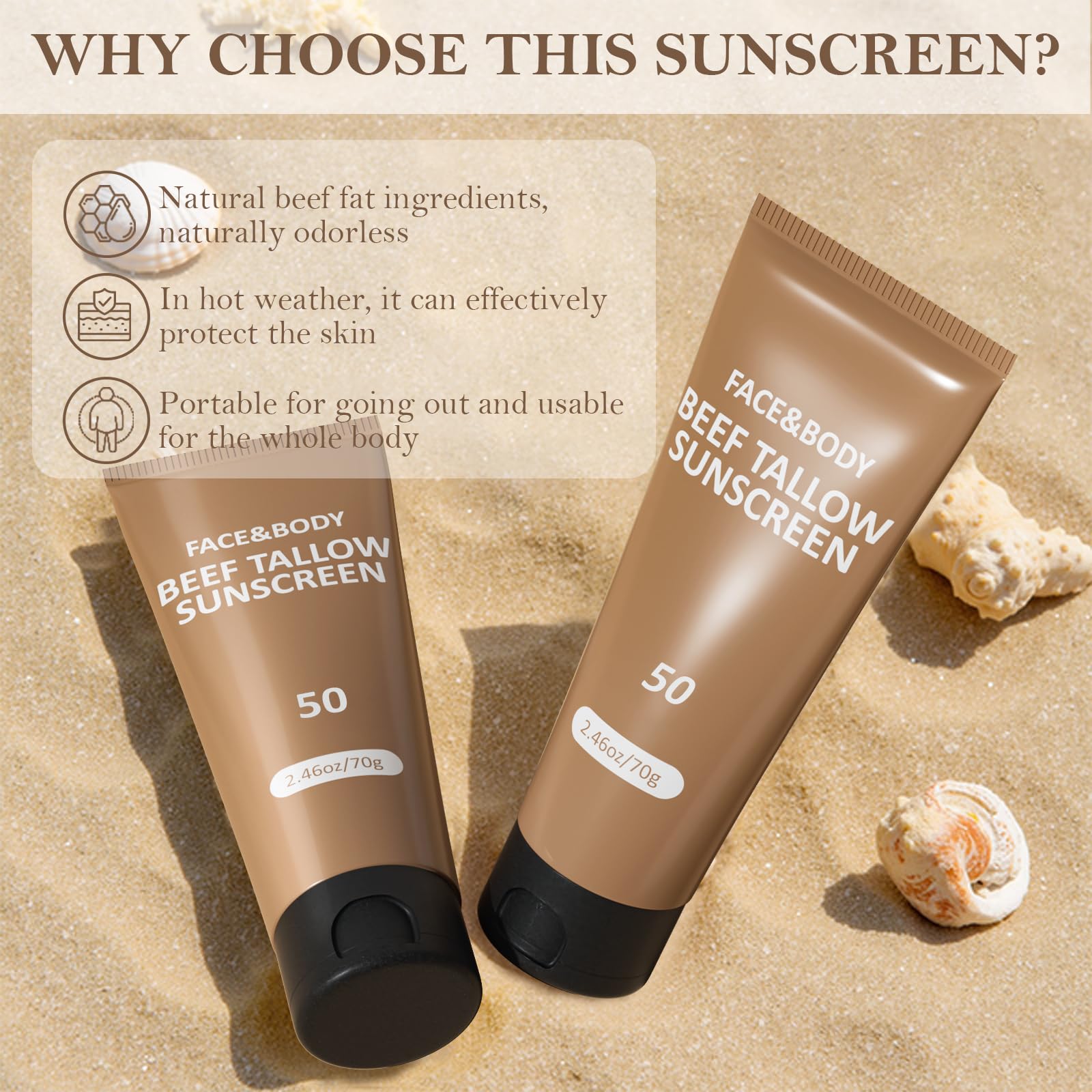 HZENPPOR Beef Tallow Sunscreen SPF 50 — Waterproof, Non-Greasy Face & Body, 2.46 oz