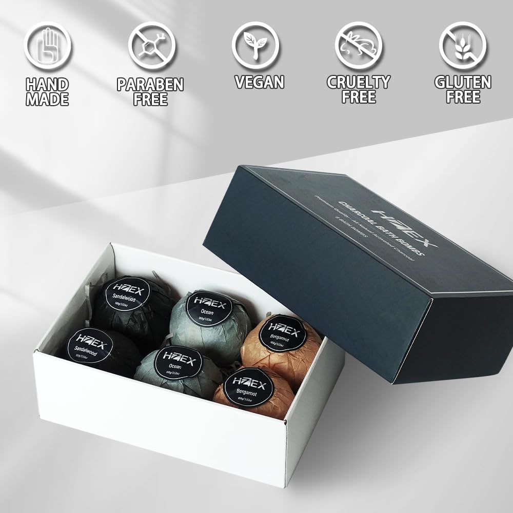 HZEX Charcoal Bath Bombs Gift Set – 6-Piece Natural Spa Fizzies with Essential Oils – Handmade Vegan Bath Bombs