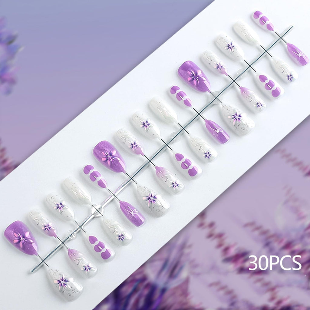 HZJXRT 3D Flower Press On Nails – Purple Glitter Almond Medium, 24Pcs
