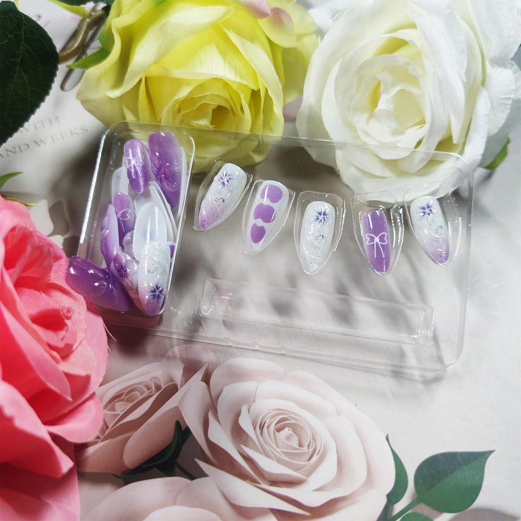 HZJXRT 3D Flower Press On Nails – Purple Glitter Almond Medium, 24Pcs
